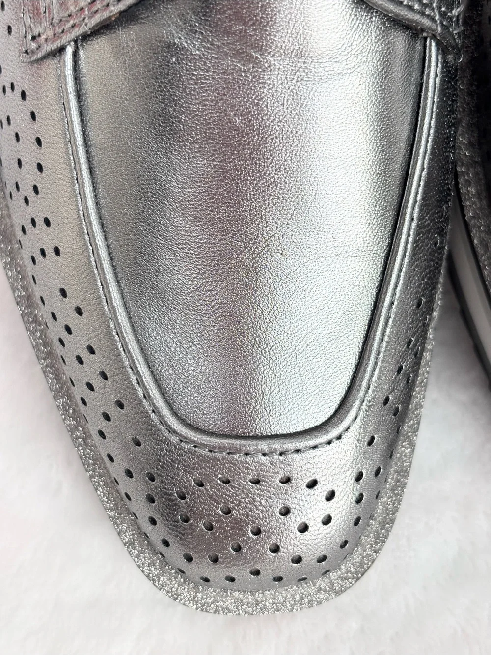 JOHNSTON & MURPHY Gracelyn Gore Metallic Pewter Slip-On Oxford Wedge--NEW--6.5